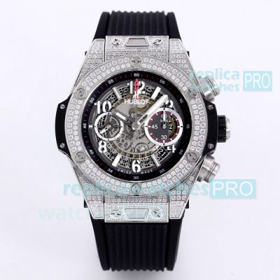 Swiss Copy Hublot Big Bang Unico Diamond Watch 45mm Black Dial Diamond Bezel